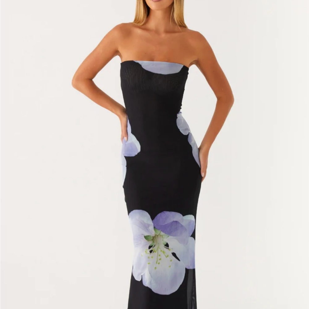 Peppermayo Black Strapless Dress with Purple Floral Design